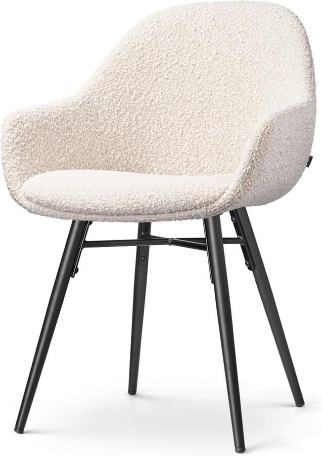 Nolon Nena-Mae Eetkamerstoel Bouclé Beige met Armleuningen Stof Zwarte Houten Poten Design Scandinavisch Comfortabel