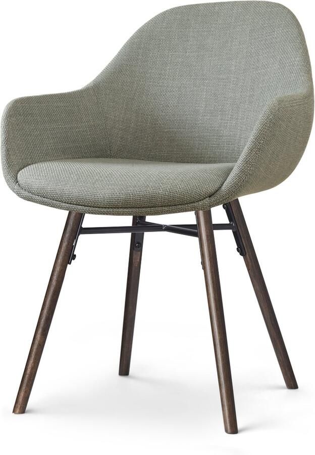 Nolon Nena-Mae Eetkamerstoel Groen met Armleuningen Stof Houten Poten Walnoot Design Scandinavisch Comfortabel