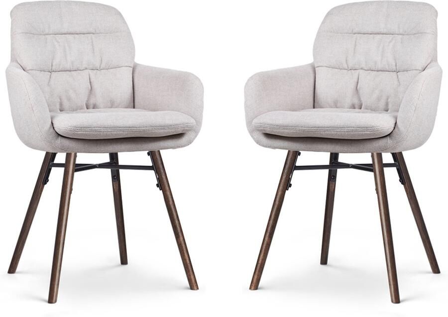Nolon Nena-Mia Eetkamerstoelen Set van 2 Beige met Armleuning Stof Hoge Rugleuning Houten Poten Walnoot
