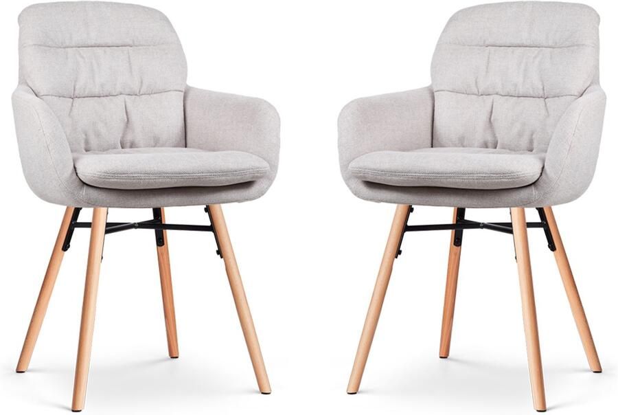 Nolon Nena-Mia Eetkamerstoelen Set van 2 Beige met Armleuning Stof Hoge Rugleuning Houten Poten Naturel