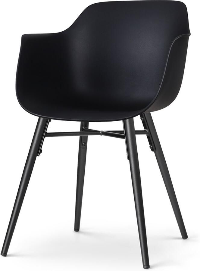 Nolon Nena-Puk Eetkamerstoel Zwart met Armleuning Kunststof Zitting Zwarte Houten Poten Kuipstoel met Armleuning