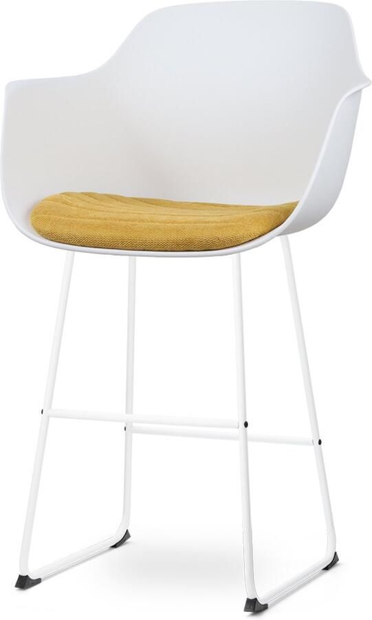 Nolon Nino-Liz Barkruk Wit met Okergeel Zitkussen Armleuning Kunststof Wit Onderstel 75 cm Barstoel met Rugleuning
