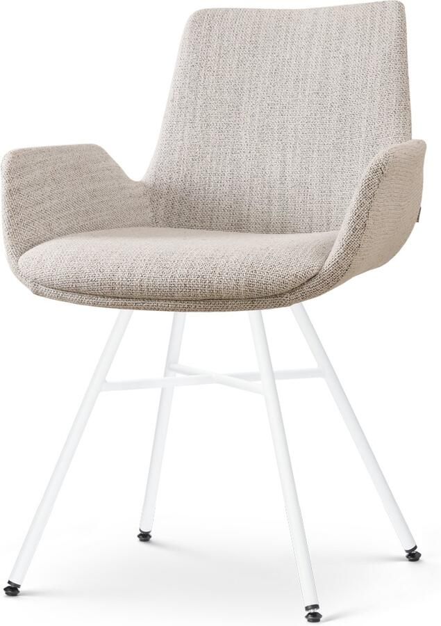 Nolon Noa-Eef Eetkamerstoel Beige Gemêleerd met Armleuning Stof Wit Metalen Onderstel Lage Armleuning Industrieel Modern Design Comfortabel