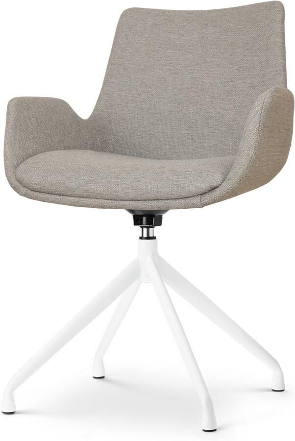 Nolon Nola-Eef Draaibare Eetkamerstoel Warm Grijs met Armleuning Stof Wit Onderstel Lage Armleuning Design Scandinavisch Comfortabel