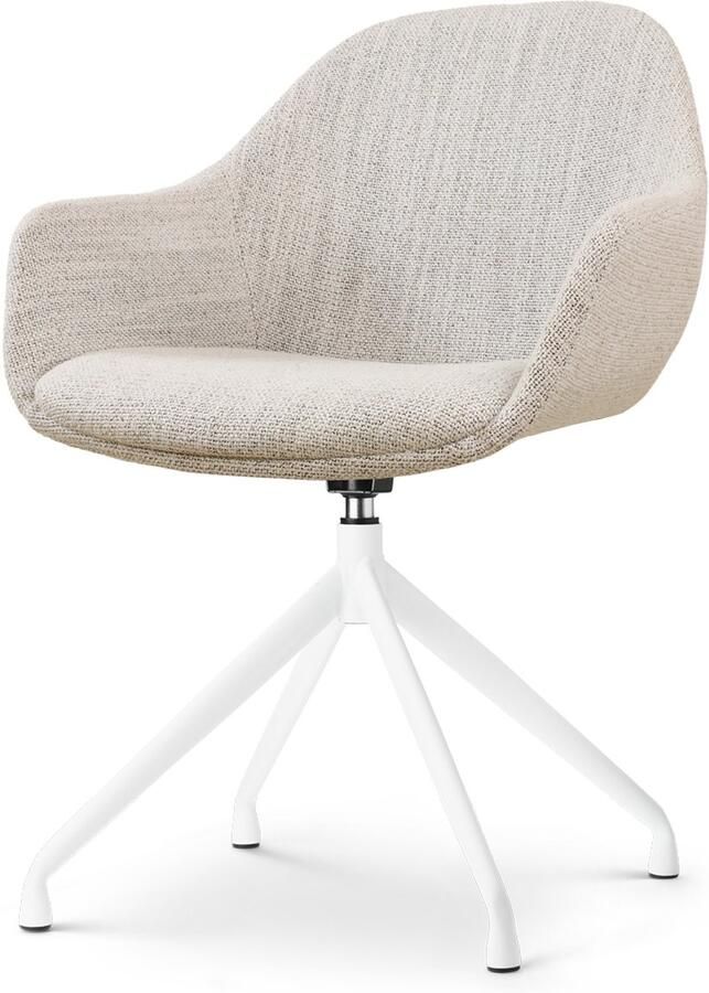 Nolon Nola-Mae Eetkamerstoel Draaibaar Beige Gemêleerd met Armleuning Stof Wit Onderstel Design Scandinavisch Comfortabel