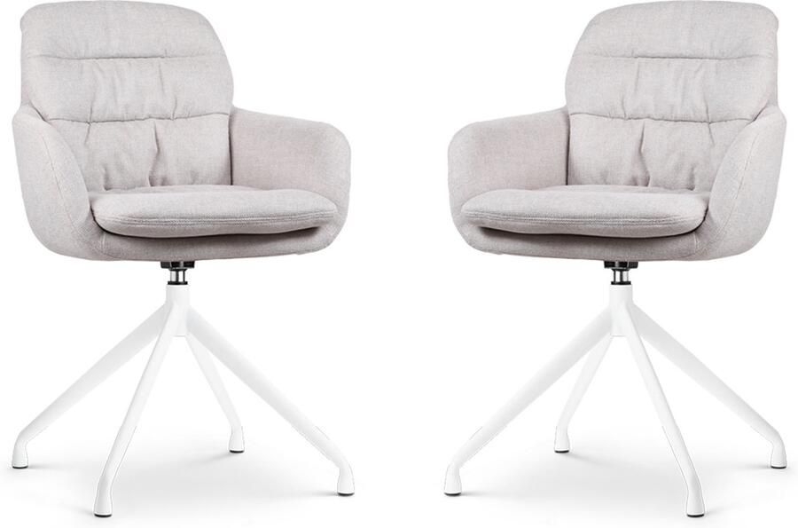Nolon Nola-Mia Eetkamerstoelen Set van 2 Beige Draaibaar met Armleuning Stof Wit Onderstel Comfortabel