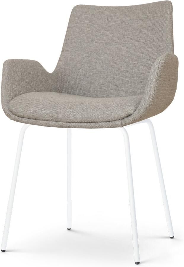 Nolon Nora-Eef Eetkamerstoel Warm Grijs met Armleuning Stof Wit Metalen Poten Lage Armleuning Modern Design Scandinavisch