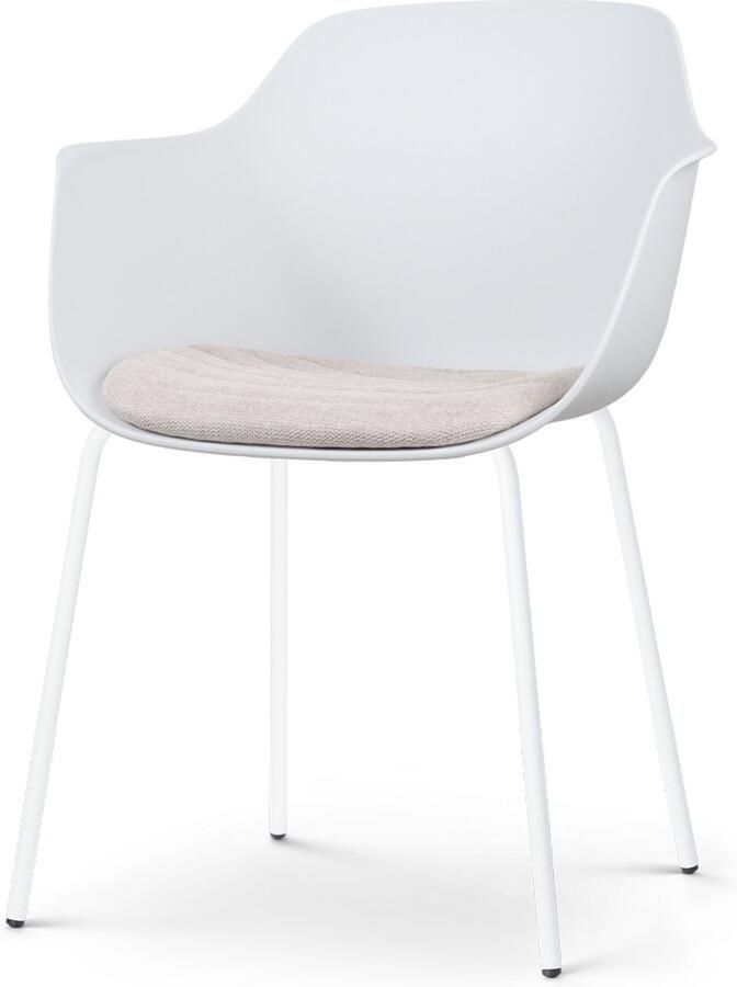 Nolon Nora-Liz eetkamerstoel wit met beige zitkussen met armleuning kunststof witte poten kuipstoel