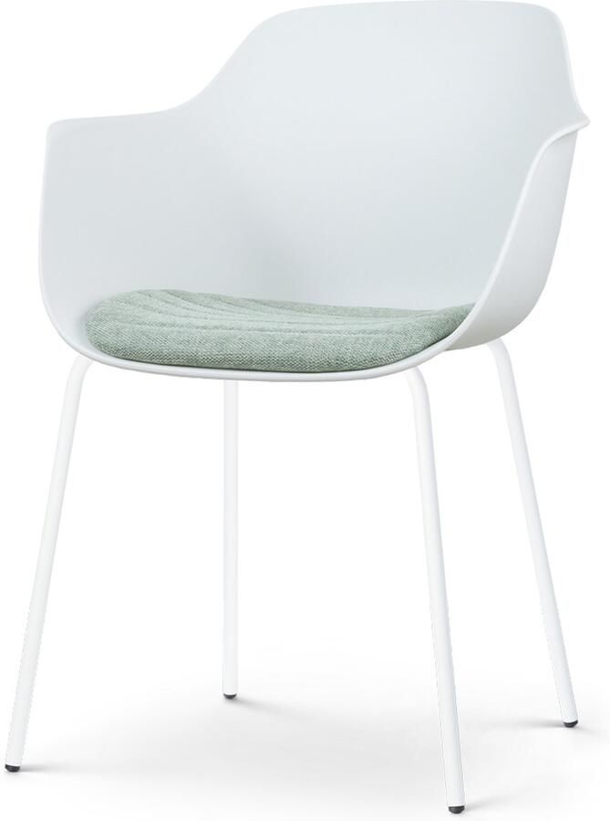 Nolon Nora-Liz eetkamerstoel wit met zacht groen zitkussen met armleuning kunststof witte poten kuipstoel