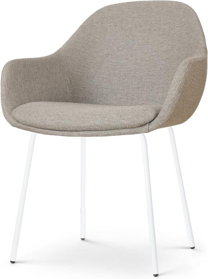 Nolon Nora-Mae Eetkamerstoel Warm Grijs met Armleuning Stof Wit Onderstel Design Scandinavisch Comfortabel