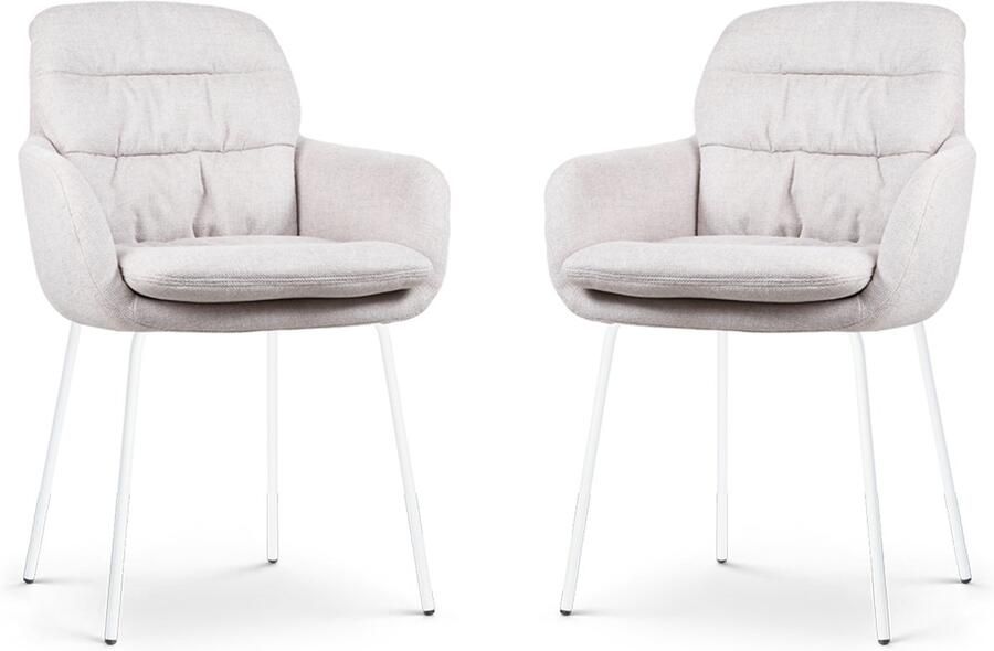 Nolon Nora-Mia Eetkamerstoelen Set van 2 Beige met Armleuning Stof Wit Onderstel Comfortabel Scandinavisch