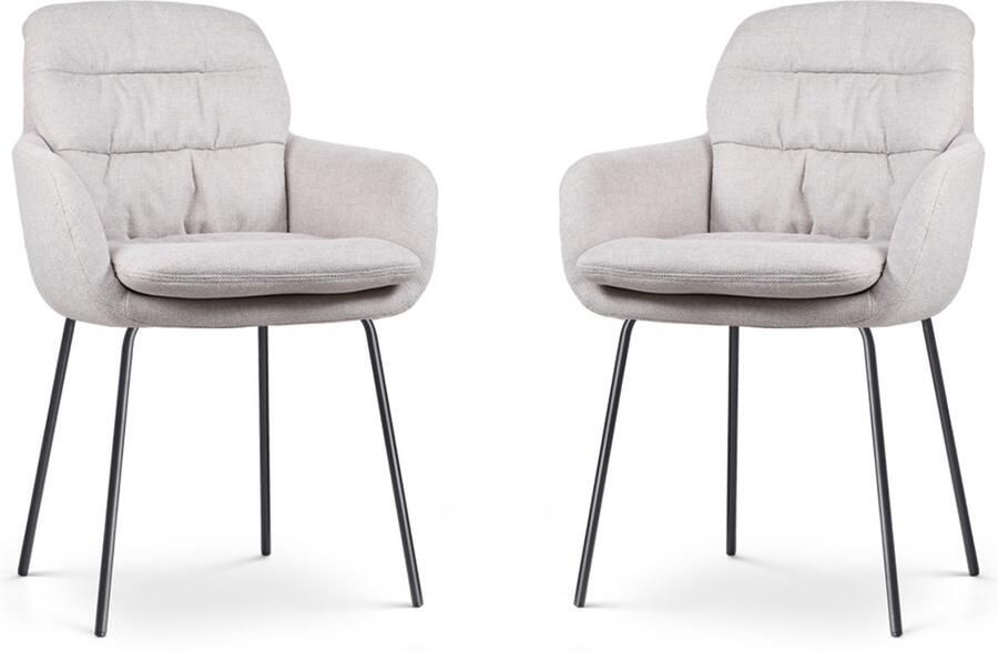 Nolon Nora-Mia Eetkamerstoelen Set van 2 Beige met Armleuning Stof Zwart Onderstel Comfortabel Scandinavisch