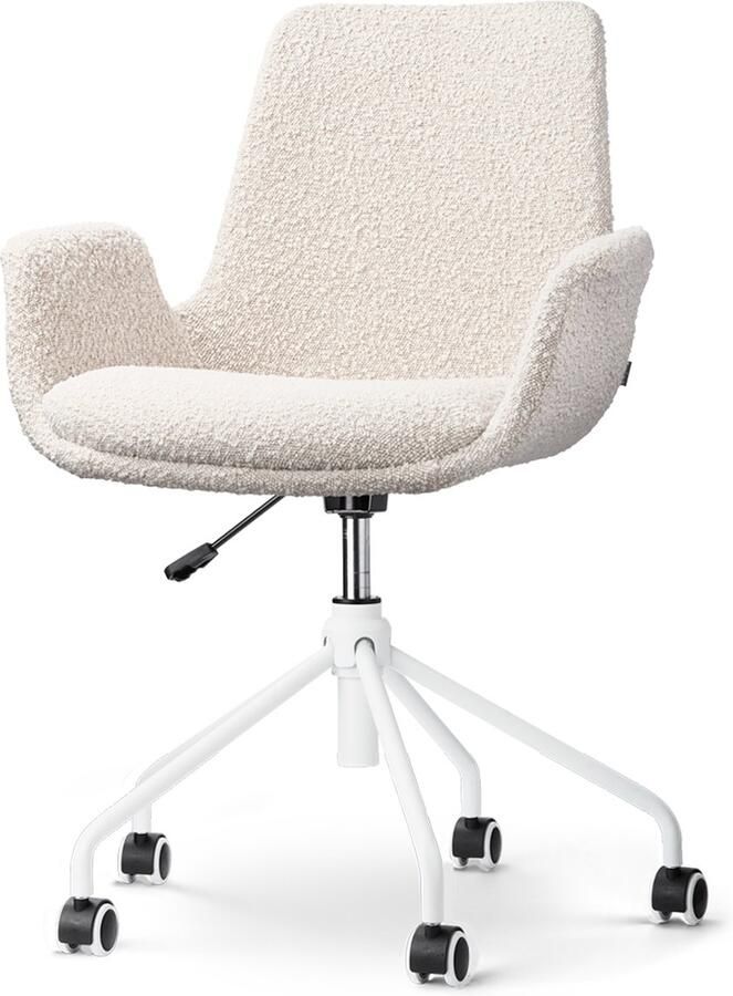 Nolon Nout-Eef Bureaustoel Bouclé Beige Stof Verstelbaar Wielen Wit Onderstel Lage Armleuning Modern Design Scandinavisch