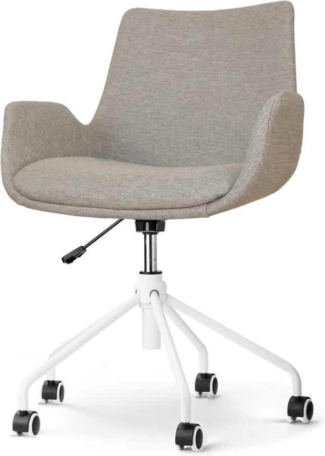 Nolon Nout-Eef Bureaustoel Warm Grijs Stof Verstelbaar Wielen Wit Onderstel Lage Armleuning Modern Design Comfirtabel