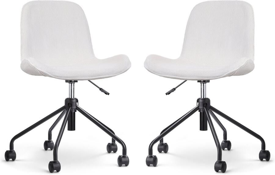 Nolon Nout-Fé Bureaustoelen Set van 2 Ribstof Crème Stof Verstelbaar Wieltjes Zwart Onderstel