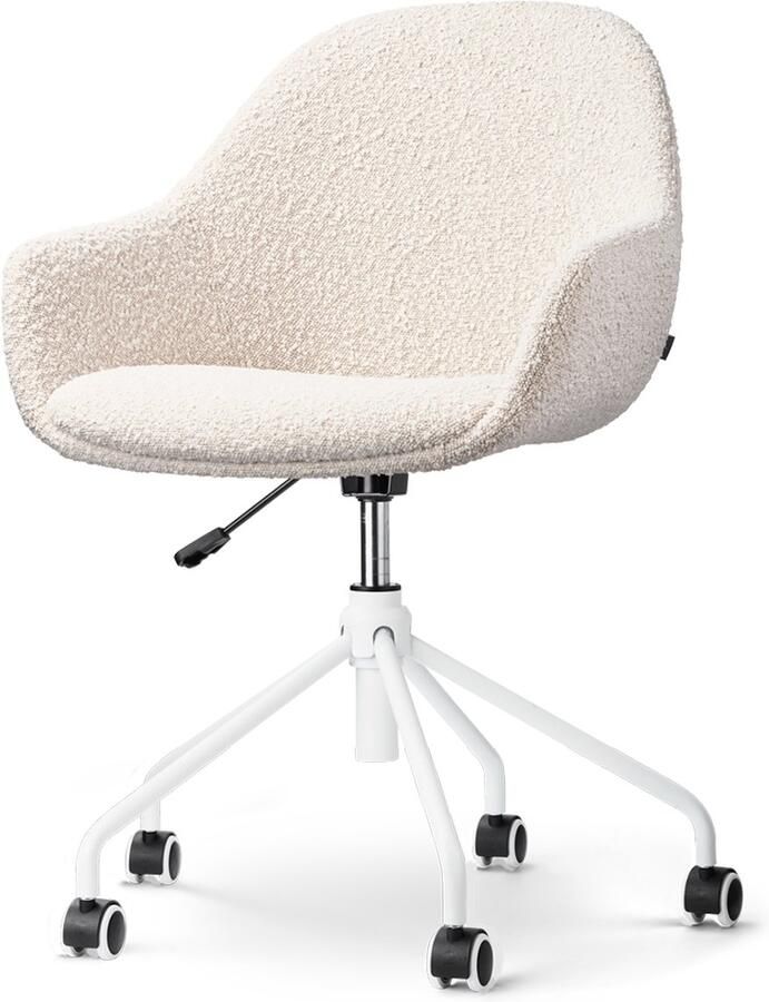 Nolon Nout-Mae Bureaustoel Bouclé Beige Stof Verstelbaar Wieltjes Wit Onderstel Design Comfortabel