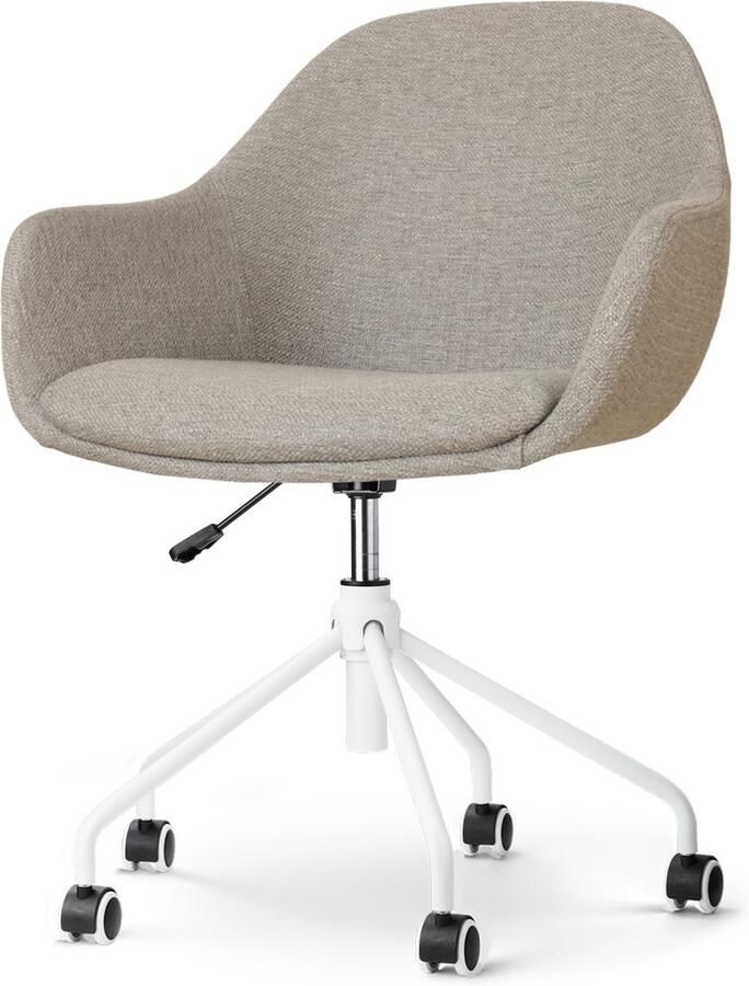 Nolon Nout-Mae Bureaustoel Warm Grijs Stof Vestelbaar Wieltjes Wit Onderstel Design Comfortabel