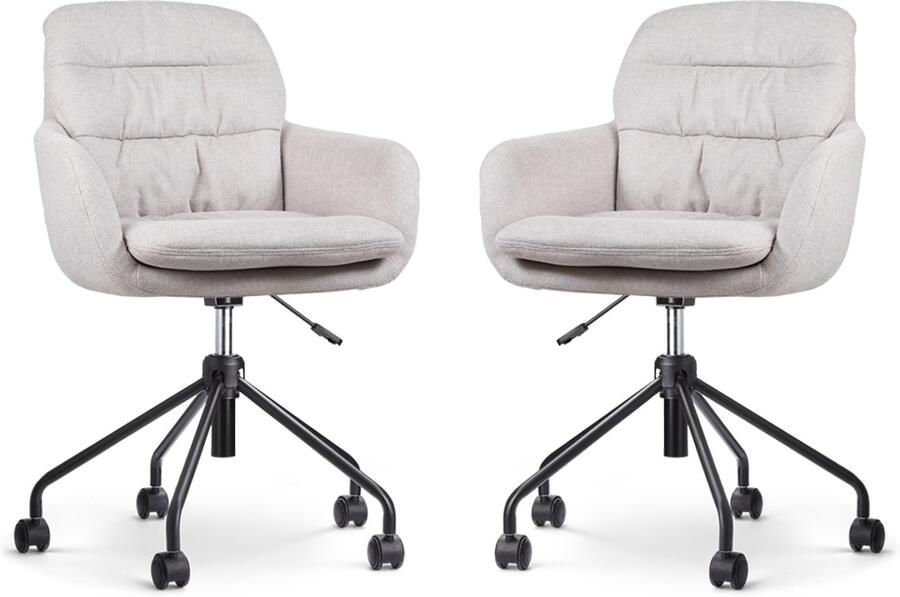 Nolon Nout-Mia Bureaustoelen Set van 2 Beige met Armleuning Stof Verstelbaar Wieltjes Zwart Onderstel