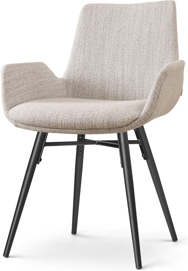Nolon Nova-Eef Eetkamerstoel Beige Gemêleerd Armleuningen Stof Zwart Metalen Poten Lage Armleuning Industrieel Design Scandinavisch Comfortabel