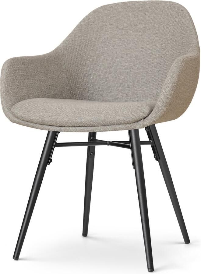 Nolon Nova-Mae Eetkamerstoel Warm Grijs met Armleuning Stof Zwart Metalen Poten Design Scandinavisch Comfortabel