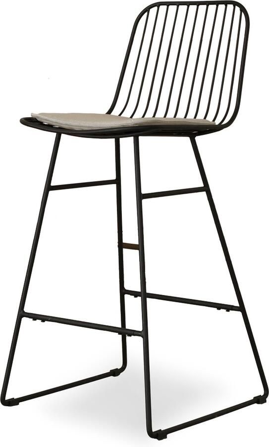 Nolon Pelle Barkruk Zwart Metaal Draadstaal Met Beige Zitkussen Kookeiland Barkruk met Rugleuning Industrieel
