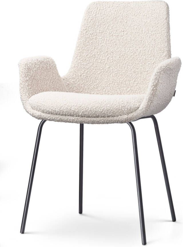 Nolon Nora-Eef Eetkamerstoel Bouclé Beige met Armleuning Stof Zwart Metalen Poten Lage Armleuning Modern Design Scandinavisch - Foto 2