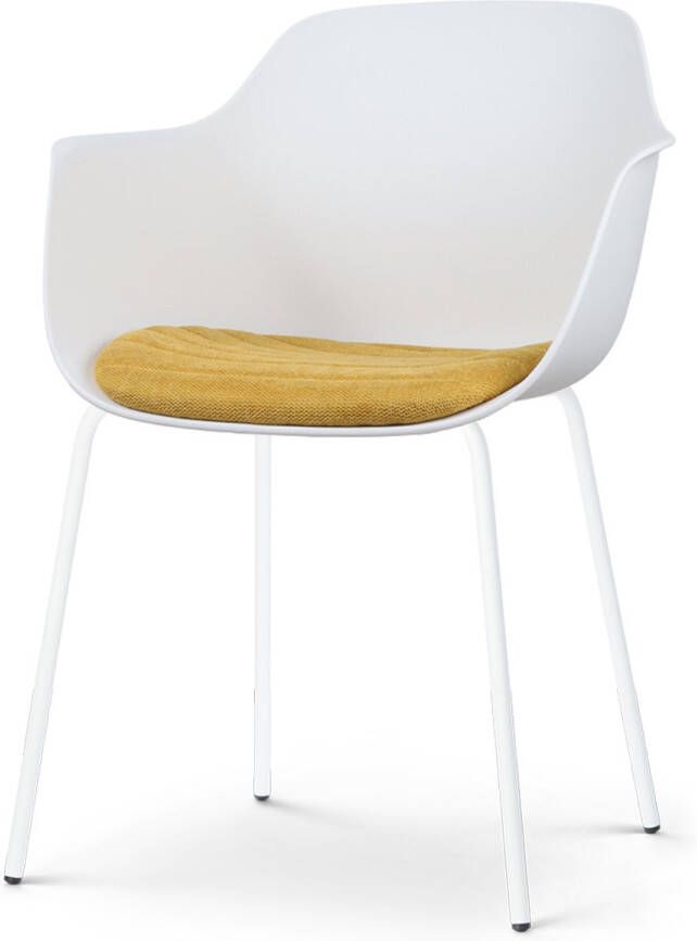 Nolon Nora-Liz Eetkamerstoel Wit met Okergeel Zitkussen met Armleuning Kunststof Witte Poten Kuipstoel
