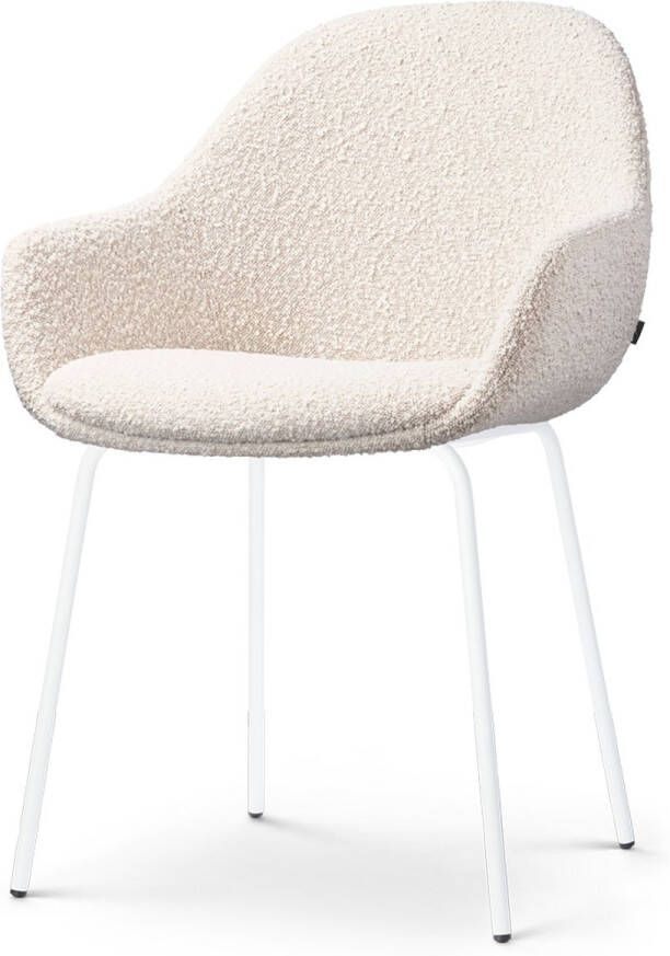 Nolon Nora-Mae Eetkamerstoel Bouclé Beige met Armleuning Stof Wit Onderstel Design Scandinavisch Comfortabel