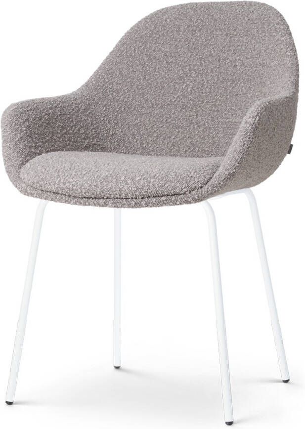 Nolon Nora-Mae Eetkamerstoel Bouclé Taupe met Armleuning Stof Wit Onderstel Design Scandinavisch Comfortabel