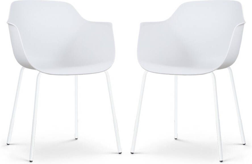 Nolon Nora-Puk Eetkamerstoelen Set van 2 Wit met Armleuning Kunststof Wit Metalen Poten Kuipstoel met Armleuning
