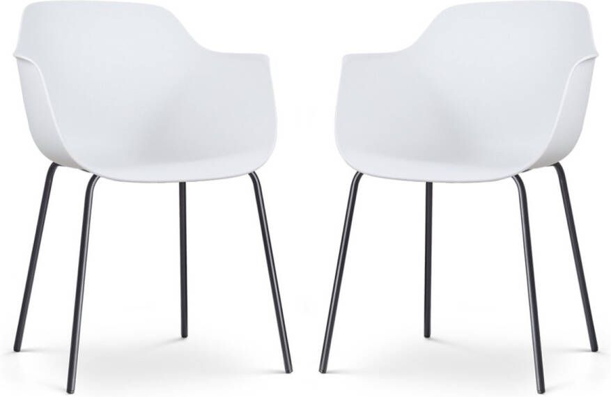 Nolon Nora-Puk Eetkamerstoelen Set van 2 Wit met Armleuning Kunststof Zwart Metalen Poten Kuipstoel met Armleuning