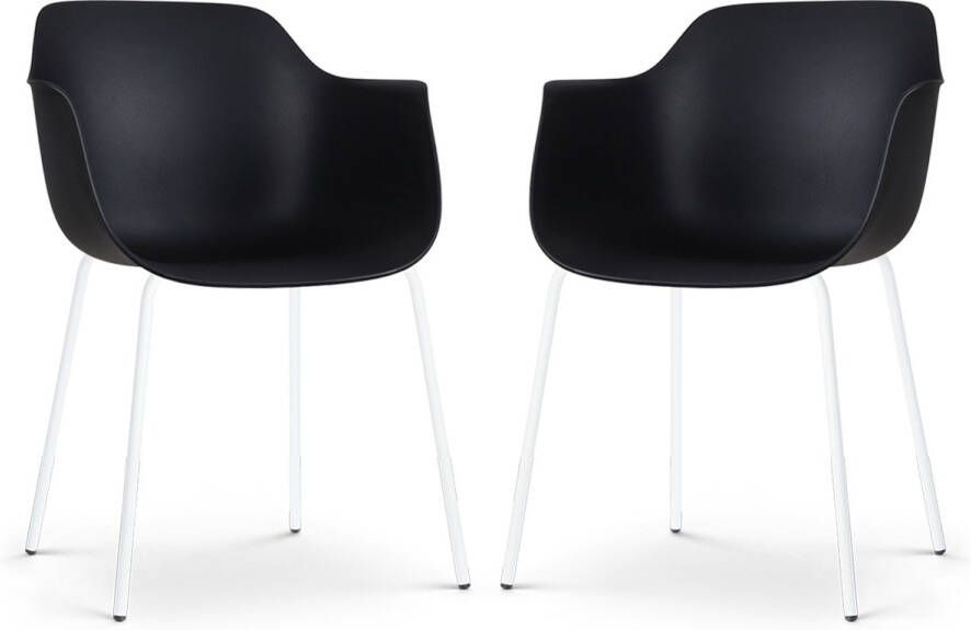 Nolon Nora-Puk Eetkamerstoelen Set van 2 Zwart met Armleuning Kunststof Wit Metalen Poten Kuipstoel met Armleuning