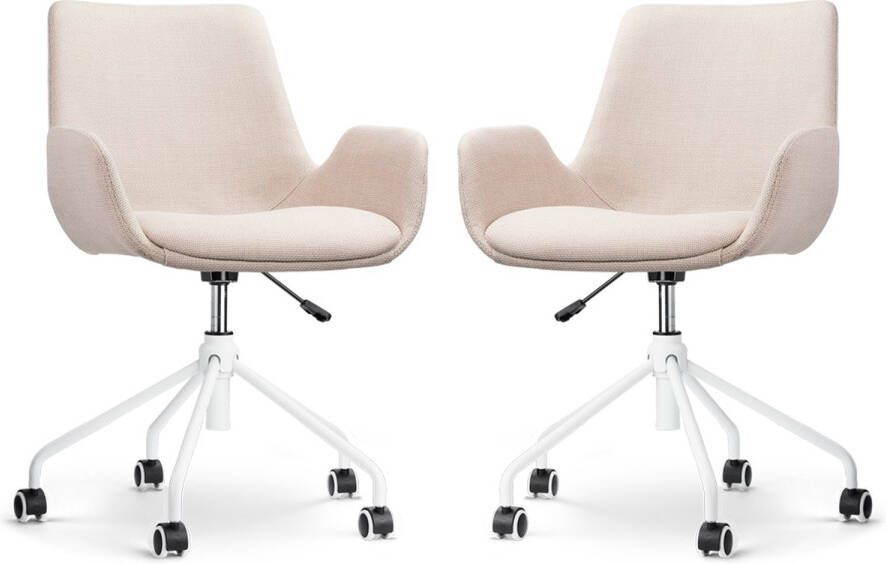 Nolon Nout-Eef Bureaustoelen Set van 2 Beige Stof Verstelbaar Wielen Wit Onderstel Lage Armleuning Modern Design