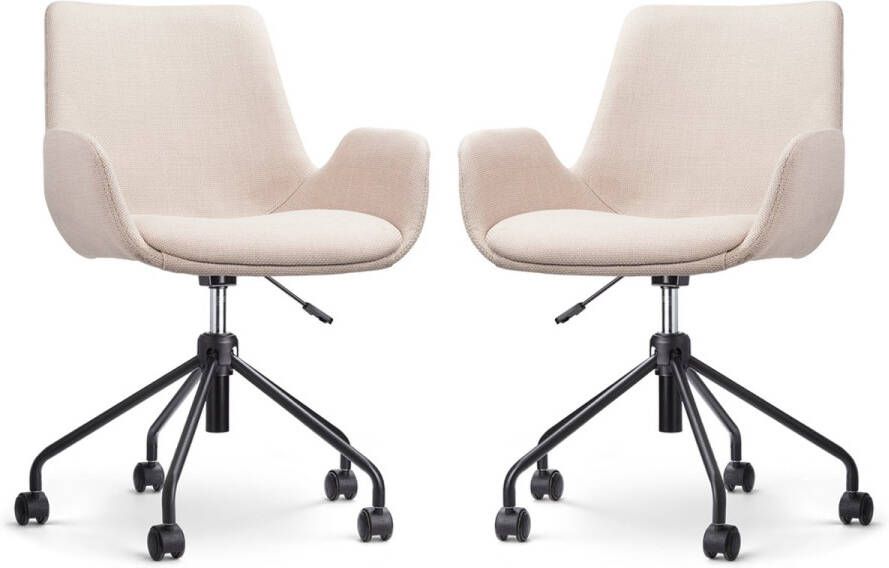 Nolon Nout-Eef Bureaustoelen Set van 2 Beige Stof Verstelbaar Wielen Zwart Onderstel Lage Armleuning Modern Design