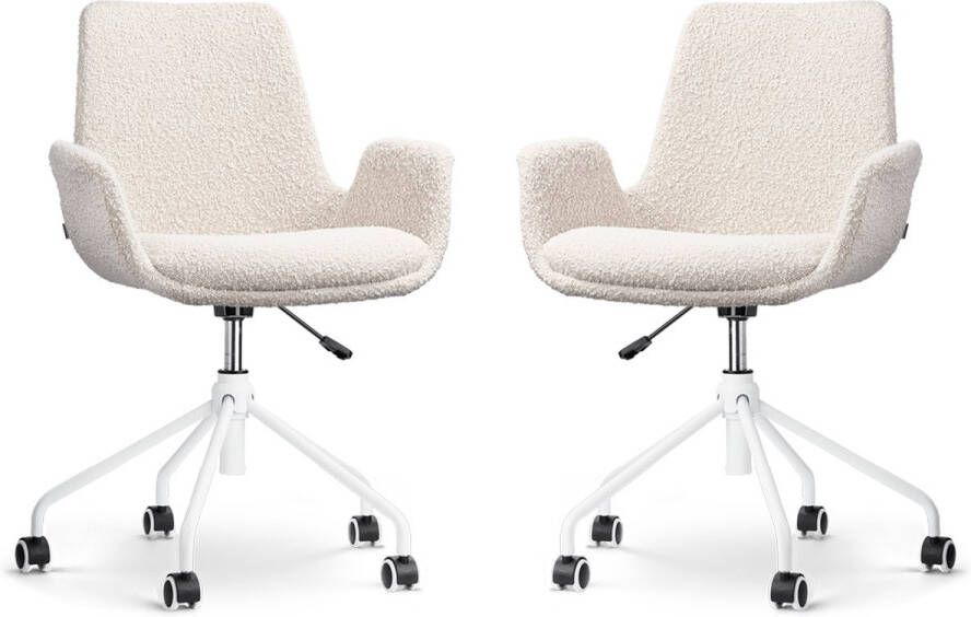 Nolon Nout-Eef Bureaustoelen Set van 2 Bouclé Beige Stof Verstelbaar Wielen Wit Onderstel Lage Armleuning Modern Design