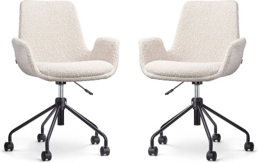 Nolon Nout-Eef Bureaustoelen Set van 2 Bouclé Beige Stof Verstelbaar Wielen Zwart Onderstel Lage Armleuning Modern Design
