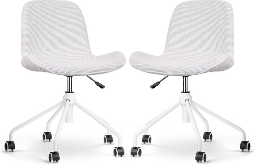 Nolon Nout-Fé Bureaustoelen Set van 2 Ribstof Crème Stof Verstelbaar Wieltjes Wit Onderstel