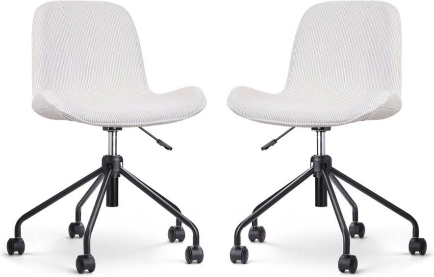 Nolon Nout-Fé Bureaustoelen Set van 2 Ribstof Crème Stof Verstelbaar Wieltjes Zwart Onderstel