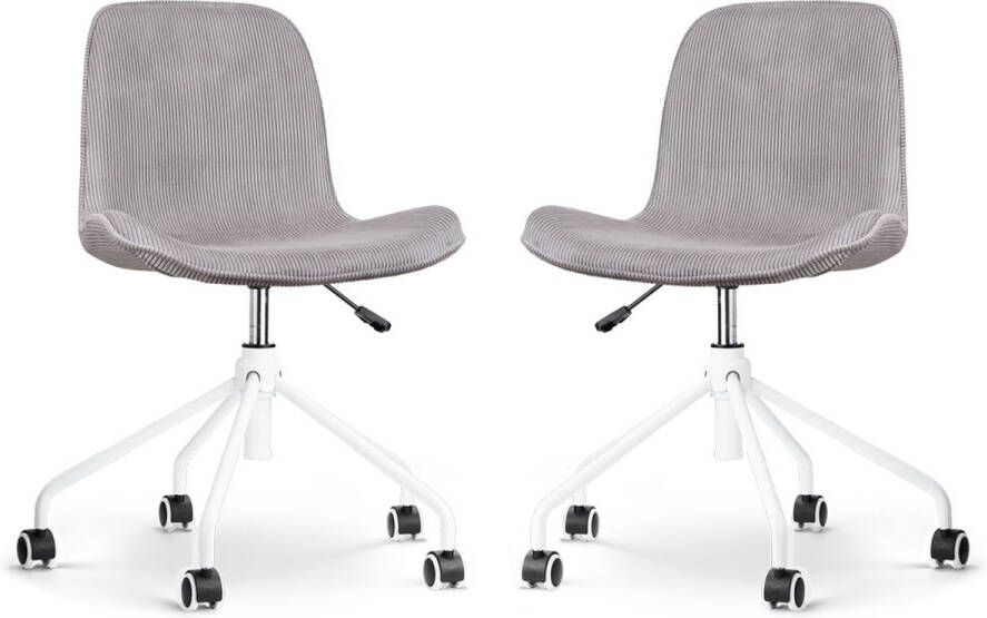 Nolon Nout-Fé Bureaustoelen Set van 2 Ribstof Warm Grijs Stof Verstelbaar Wieltjes Wit Onderstel