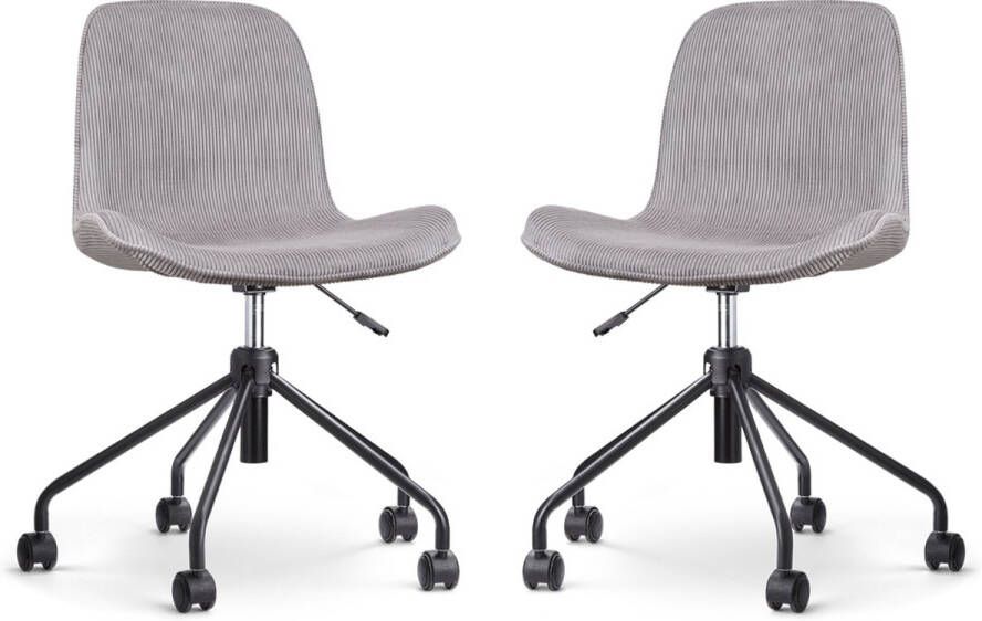Nolon Nout-Fé Bureaustoelen Set van 2 Ribstof Warm Grijs Stof Verstelbaar Wieltjes Zwart Onderstel