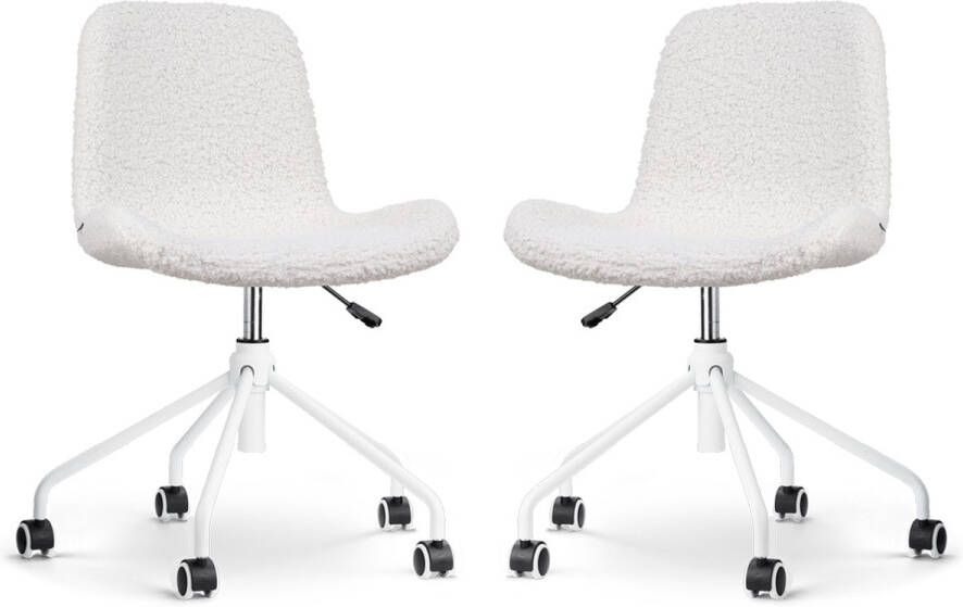 Nolon Nout-Fé Bureaustoelen Set van 2 Teddy Gebroken Wit Stof Verstelbaar Wieltjes Wit Onderstel