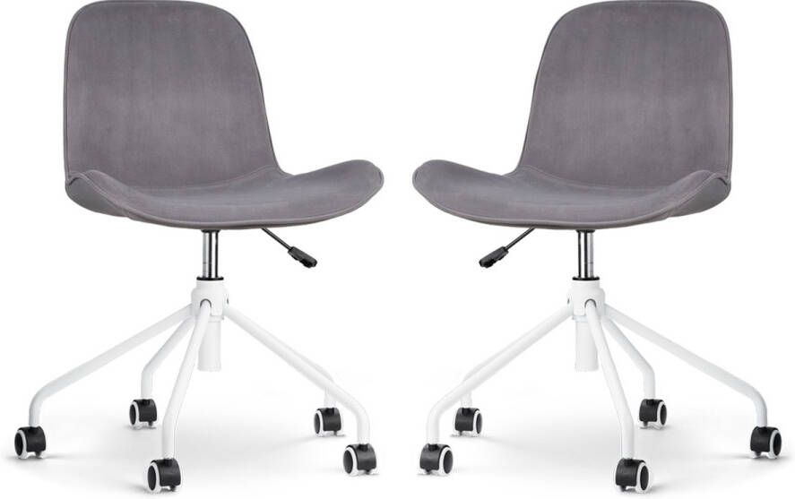 Nolon Nout-Fé Bureaustoelen Set van 2 Velvet Grijs Stof Fluweel Verstelbaar Wieltjes Wit Onderstel
