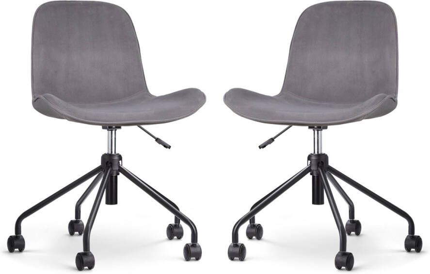 Nolon Nout-Fé Bureaustoelen Set van 2 Velvet Grijs Stof Fluweel Verstelbaar Wieltjes Zwart Onderstel
