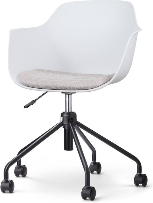 Nolon Nout-Liz Bureaustoel Wit met Beige Zitkussen met Armleuning Kunststof Vast Zitkussen Verstelbaar Wieltjes Zwart Onderstel