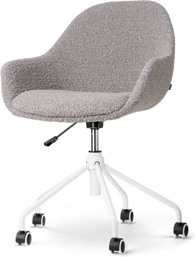 Nolon Nout-Mae Bureaustoel Bouclé Taupe Stof Verstelbaar Wieltjes Wit Onderstel Design Comfortabel