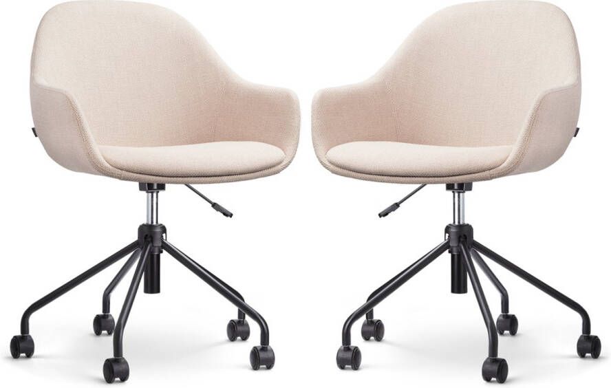 Nolon Nout-Mae Bureaustoelen Set van 2 Beige Stof Verstelbaar Wieltjes Wit Onderstel Design Comfortabel