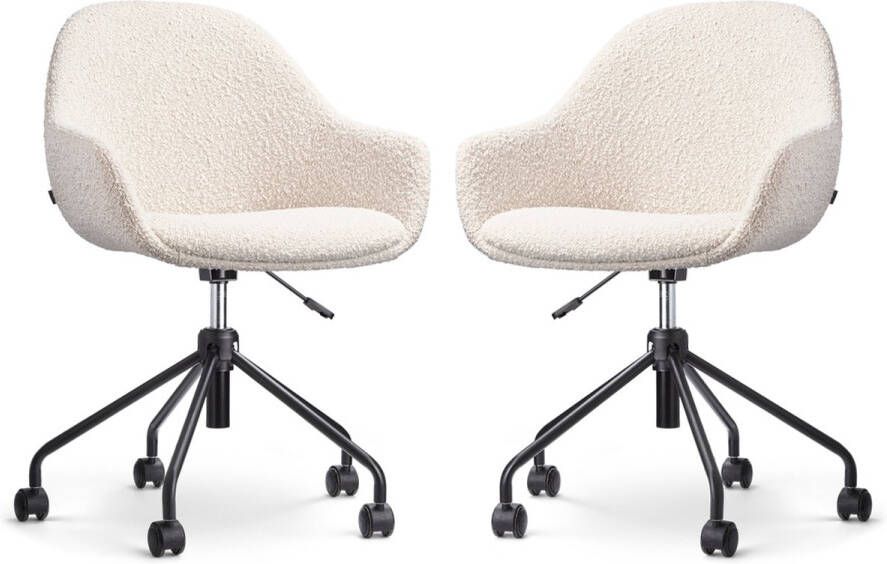 Nolon Nout-Mae Bureaustoelen Set van 2 Bouclé Beige Stof Verstelbaar Wieltjes Wit Onderstel Design Comfortabel
