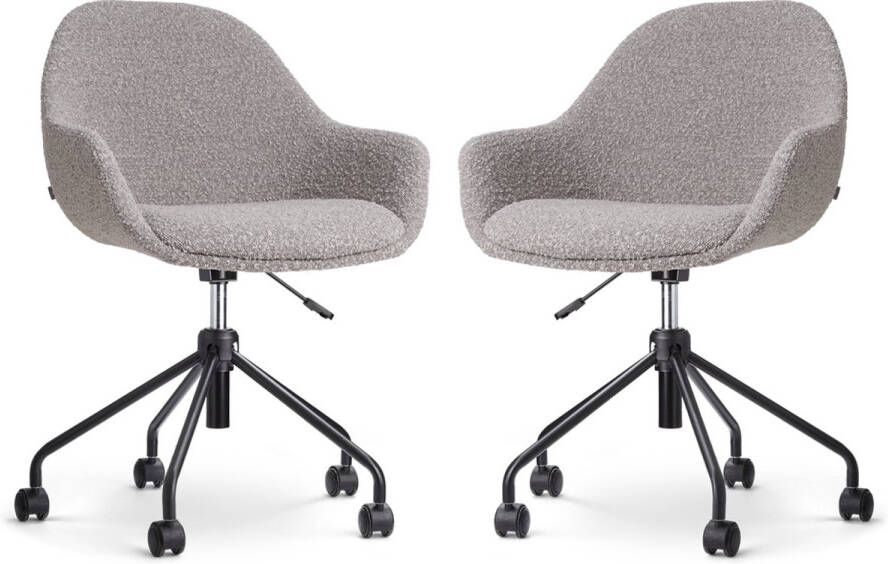 Nolon Nout-Mae Bureaustoelen Set van 2 Bouclé Taupe Stof Verstelbaar Wieltjes Wit Onderstel Design Comfortabel