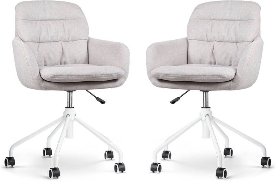 Nolon Nout-Mia Bureaustoelen Set van 2 Beige met Armleuning Stof Verstelbaar Wieltjes Wit Onderstel
