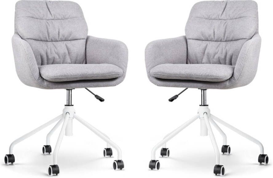 Nolon Nout-Mia Bureaustoelen Set van 2 Grijs met Armleuning Stof Verstelbaar Wieltjes Wit Onderstel